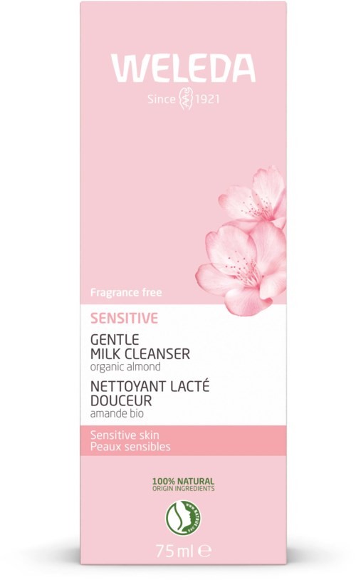 Różowe opakowanie Weleda delikatny mleczny oczyszczacz do skóry wrażliwej, ostrzeżenie o alergii na migdały, 75 ml, składniki organiczne.