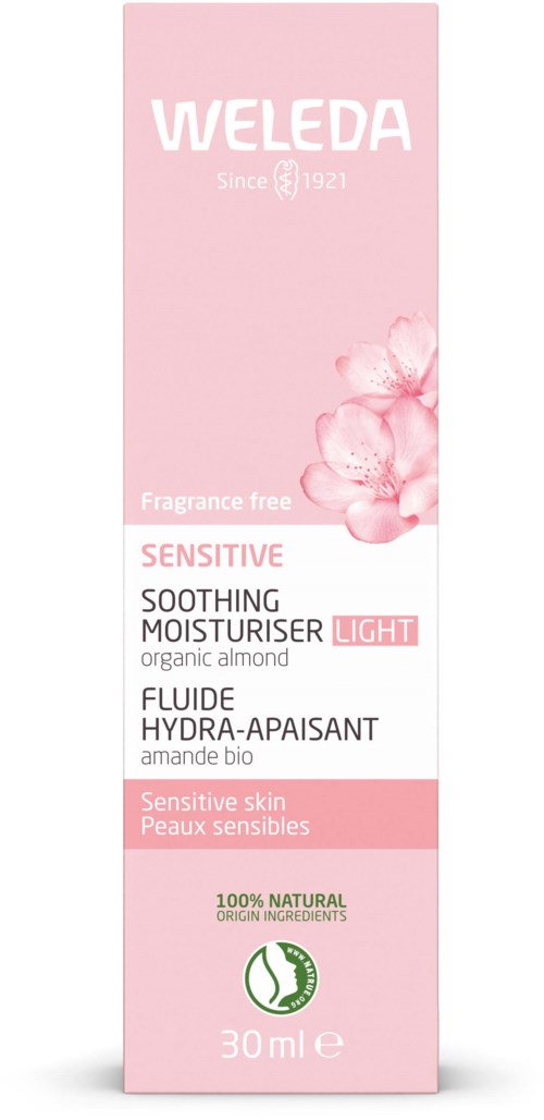 En lyserød emballage til sensitiv, beroligende fugtighedscreme med økologisk mandel, 30 ml.
