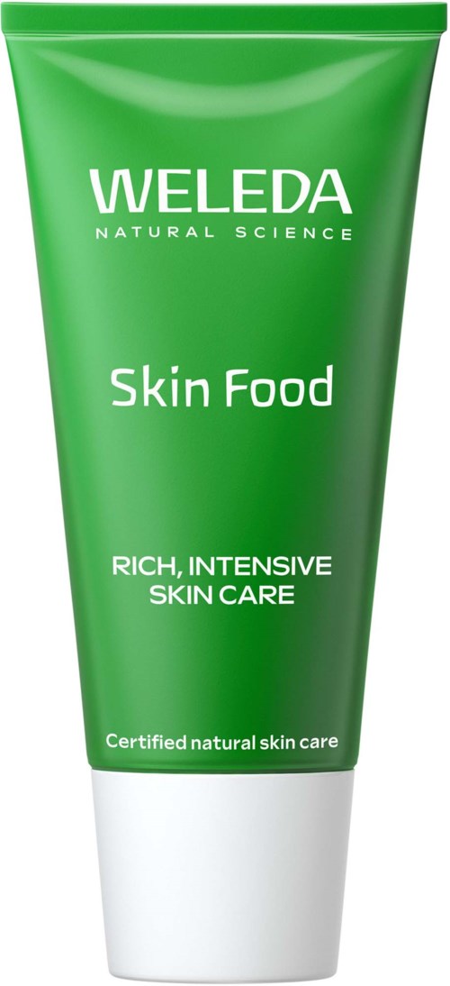 Grøn tube mærket Weleda Skin Food til rig, intensiv hudpleje og naturlig hudpleje.