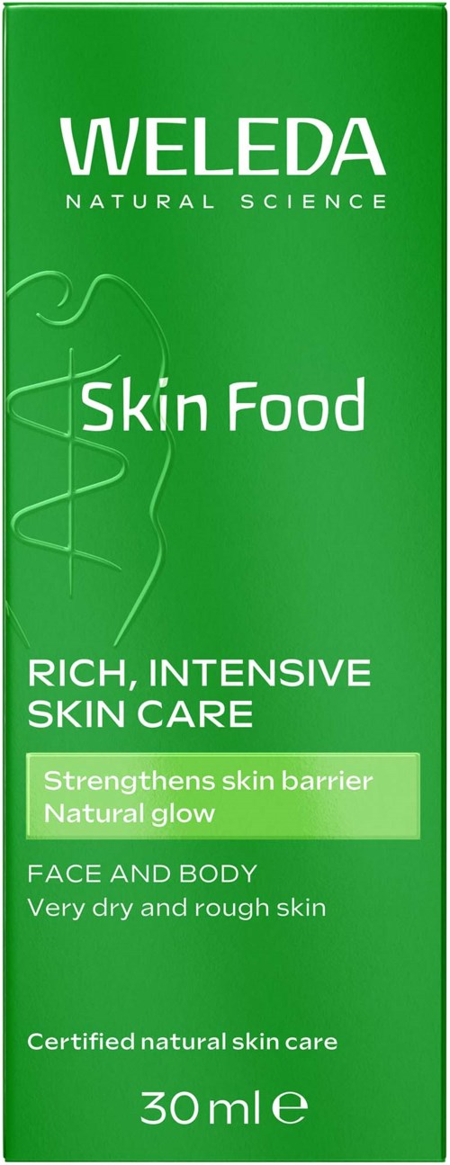 Grøn boks med hvid tekst, mærket Weleda Skin Food til tør og ru hudpleje, 30 ml.