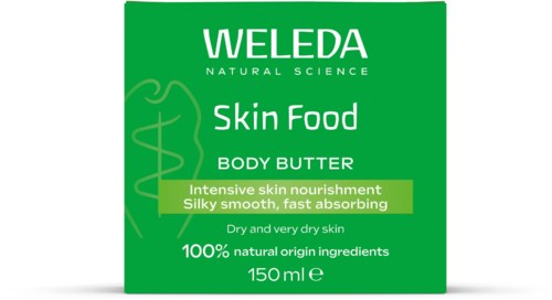 Grønn emballasje med hvit og gul tekst som fremmer Weleda Skin Food body butter for tørr hud. Den legger vekt på naturlige ingredienser og næring.