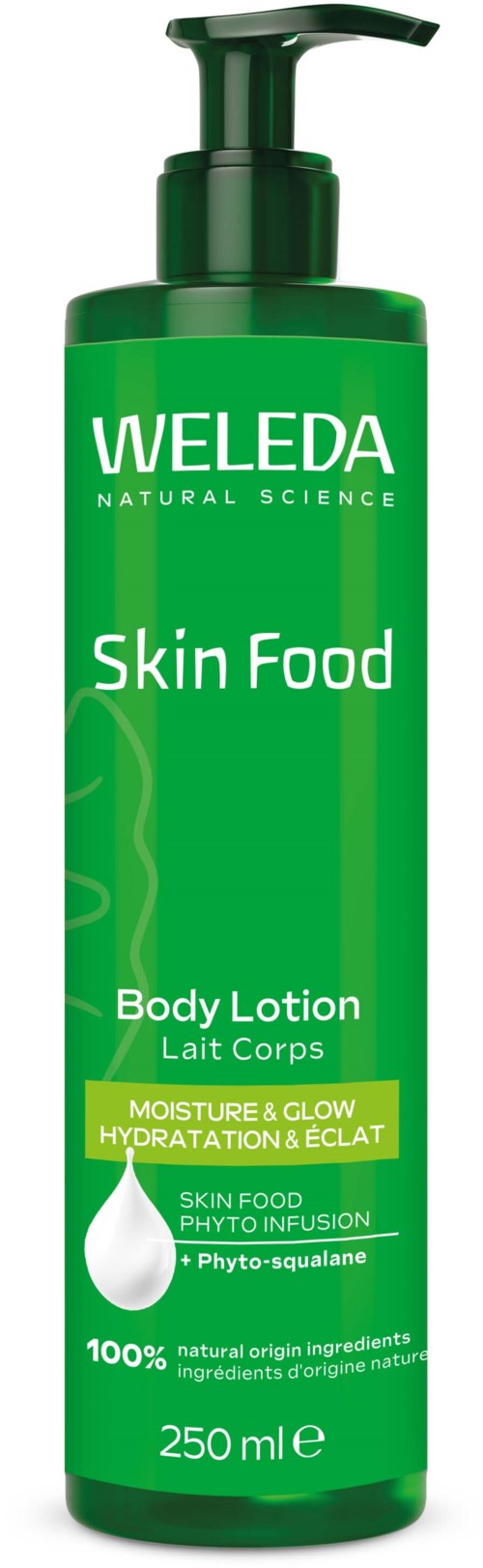 Green bottle of Weleda Skin Food Body Lotion with a pump, labeled for moisturizing and glow, 250 ml.