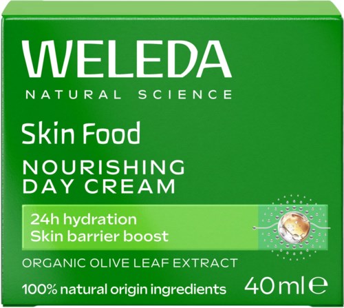 Grön låda med vitt text om Weleda hudvård dagkräm med naturliga ingredienser.