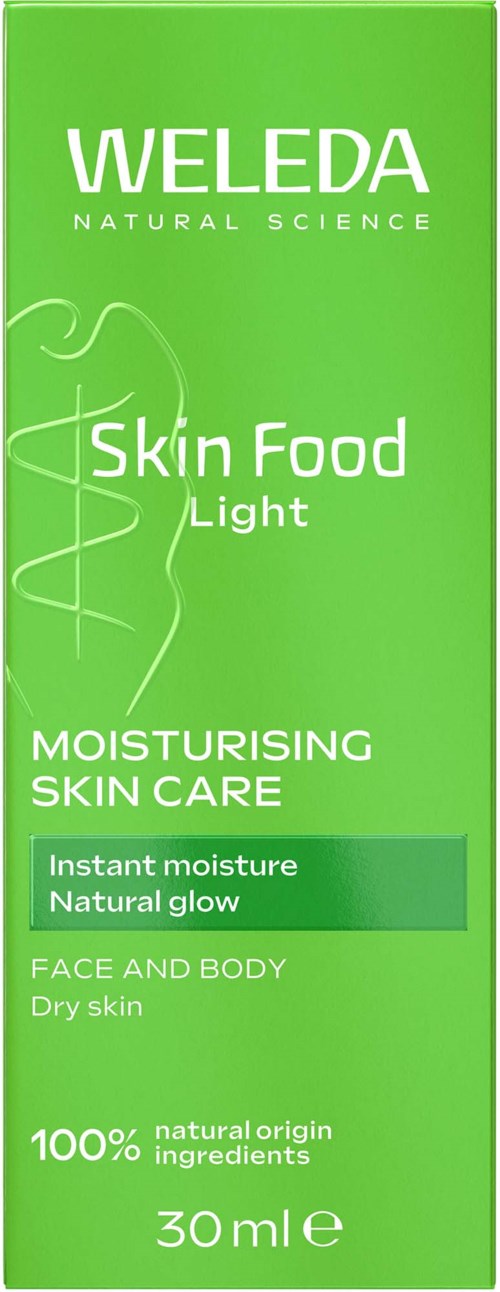 Grön förpackning med vit text, påstår att den återfuktar huden med naturliga ingredienser, passar för ansikte och kropp, för torr hud.