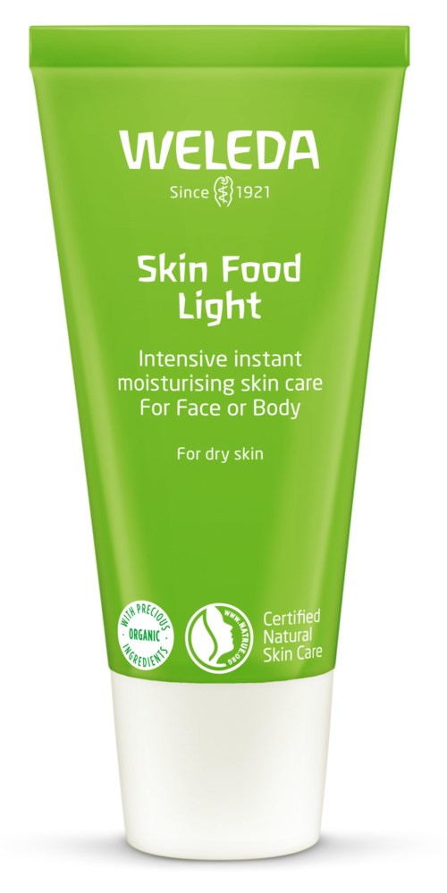 Grön tub för Weleda Skin Food Light, återfuktande hudvård för ansikte eller kropp, passar för torr hud.