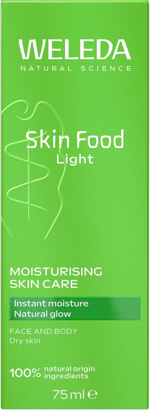 Grøn æske med hvid tekst, der promoverer Weleda Skin Food Light til fugtgivende af tør hud med naturlige ingredienser.