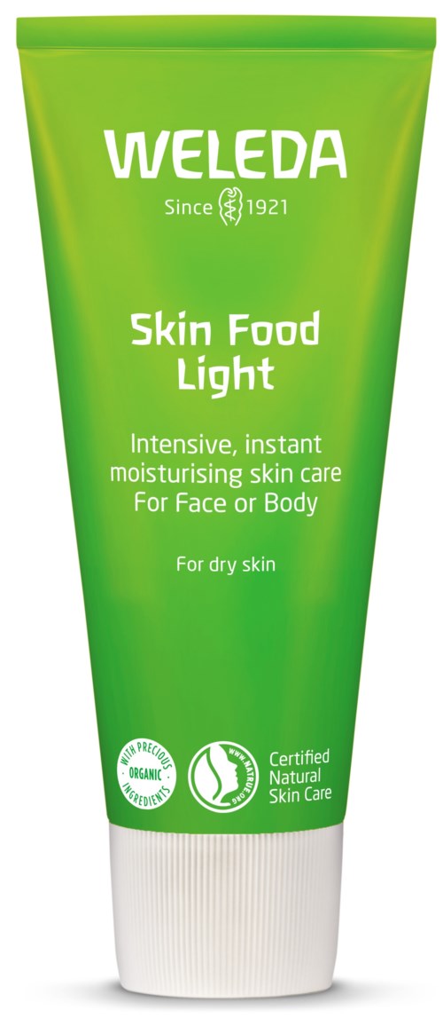 Green tube of Weleda Skin Food Light moisturizer, for dry skin, with natural and organic labels.