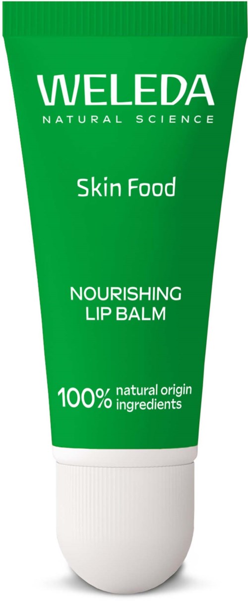 Green tube of Weleda Nourishing Lip Balm, made with 100% natural ingredients for skin care.