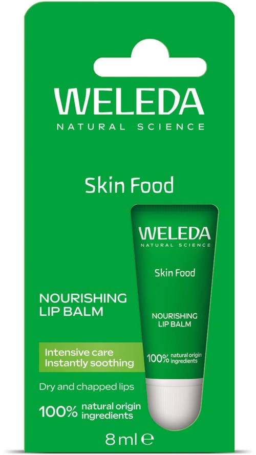 A green box with a tube of lip balm labeled Weleda Skin Food, designed for nourishing, soothing dry chapped lips.