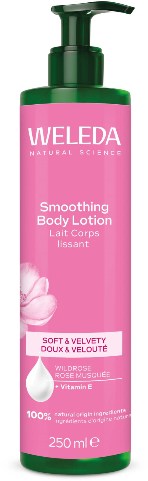 Pink bottle of Weleda soothing body lotion with green pump, contains rose and vitamin E.