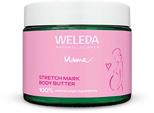 Rosa förpackning av Weleda Mamma sträckmärkekroppssmör med vit lock och enkel linjeteckning av en gravid kvinna.