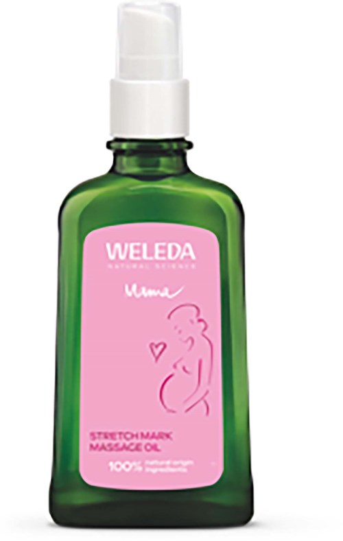 Grön flaska med rosa etikett som visar en kvinna och ett hjärta, innehåller massageolja. Vit pump upptill.