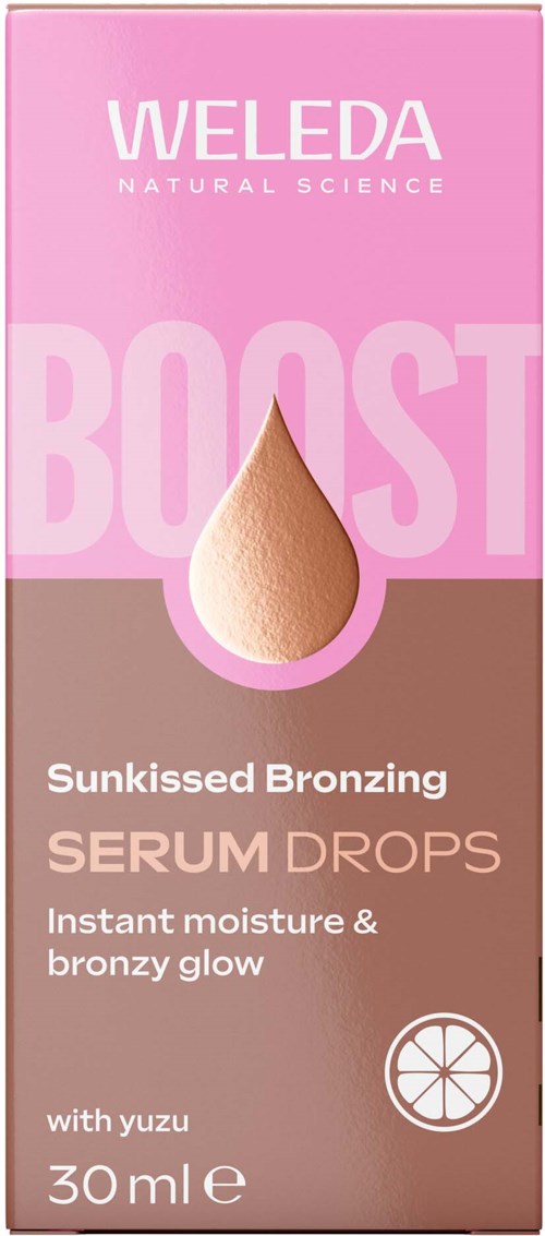 Rosa förpackning med produktnamn, en droppform och text om bronsserumdroppar med yuzu.