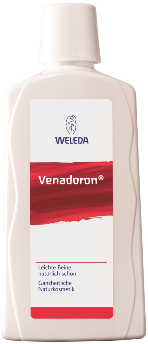 Eine weiße Flasche mit der Bezeichnung 'Venadoron' von Weleda, mit einem roten und weißen Etikett.