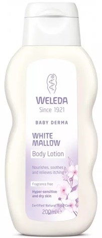 A white bottle with Weleda Baby Derma White Mallow body lotion label, featuring flowers and soft colors.