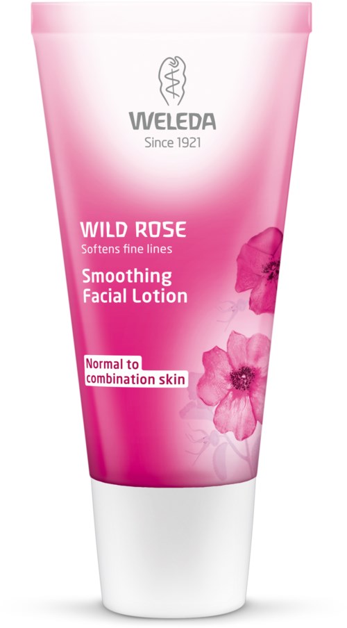 En rosa tube med Weleda Wild Rose'srengöringslotion för normal till blandhy.