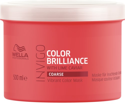 En lyserød beholder af Wella hårmaske mærket 'Color Brilliance Lime Caviar Coarse' for livfuld farve og shine.