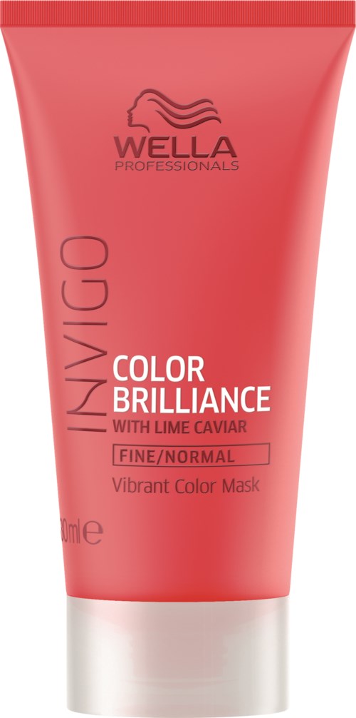 Pink tub med Wella Invigo Color Brilliance mask, med produktdetaljer och varumärkestryck på fronten.