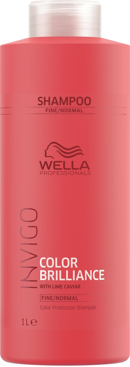 En rosa flaske av Wella Invigo Color Brilliance sjampo for normalt hår, med limekaviar. 1 liters størrelse.