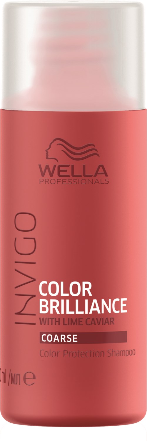 En rød flaske av Wella Professionals Invigo Color Brilliance sjampo med klar hette.