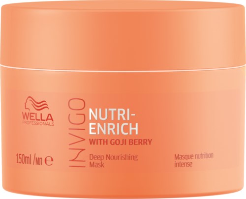 En persikfärgad burk med Wella Professionals Nutri-Enrich djupt närande mask med gojibär. Den är avsedd för hårvård.