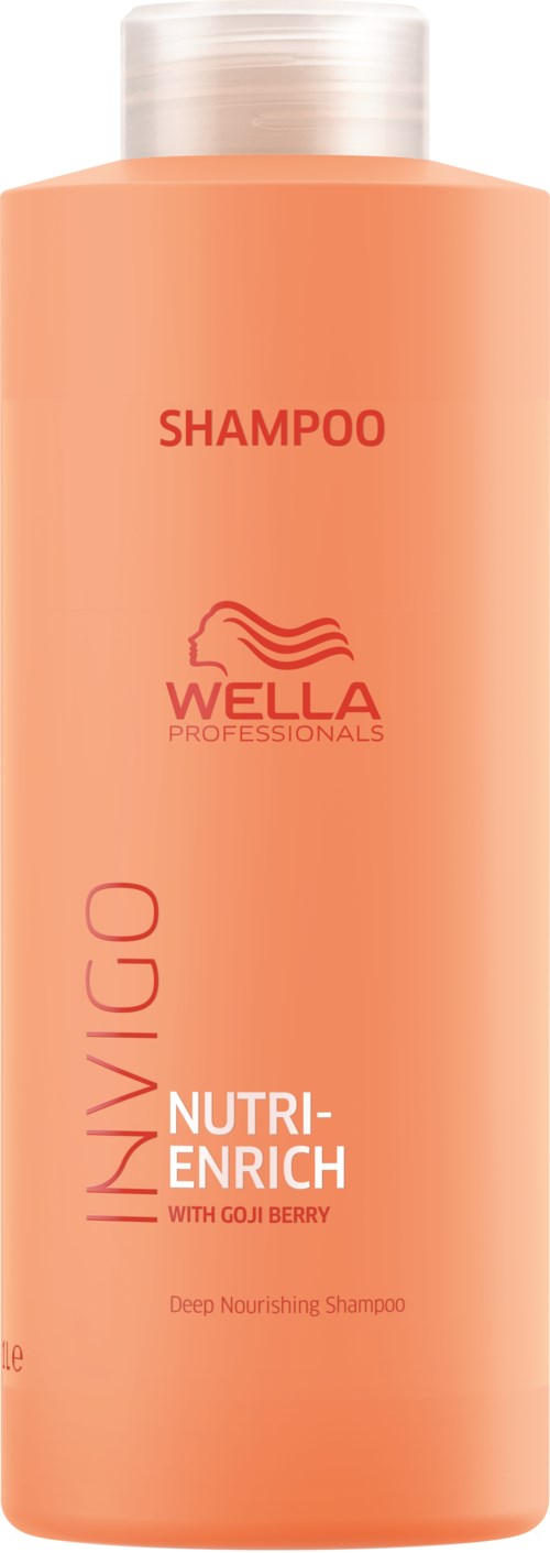 En rosa flaske med Wella Invigo Nutri-Enrich sjampo med hvit hette og rød tekst.