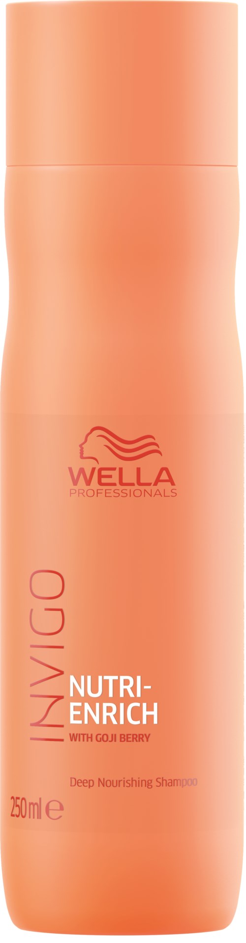 En ferskenfarget flaske merket 'Wella Professionals' med 'INVIGU NUTRI-ENRICH' og informasjon om dypt nærende sjampo.