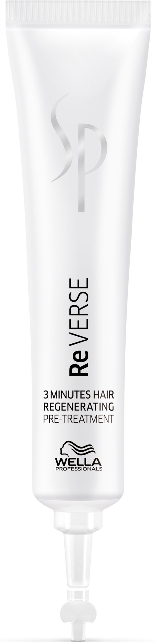 En hvid tube med hårplejeprodukt fra Wella, mærket 'ReVUERSE' og '3 MINUTES HAIR REGENERATING PRE-TREATMENT.'