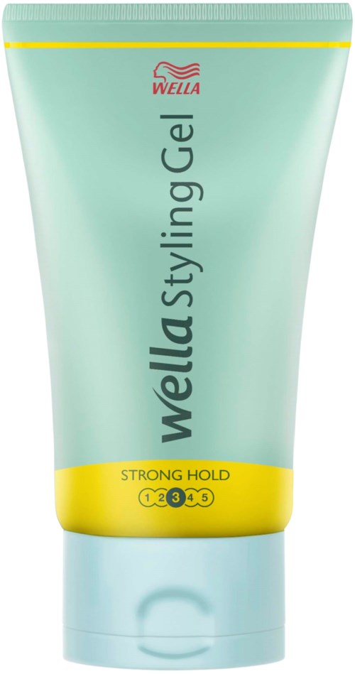 Eine grüne Tube Wella Styling Gel mit gelben Akzenten, die starken Halt und nummerierte Stärkegrade 1 bis 5 anzeigt.