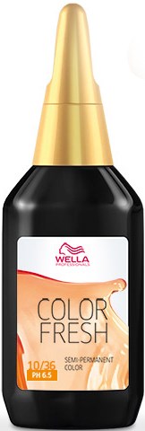 En flaske med semi-permanent hårfarge merket Wellca Color Fresh, i svart med gullhette, viser produktdetaljer.