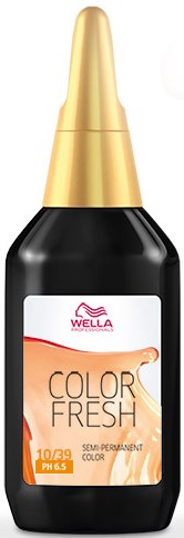 En hårfargeflaske med svart og gull design, merket Wella Color Fresh, semi-permanent farge, pH 6.5.