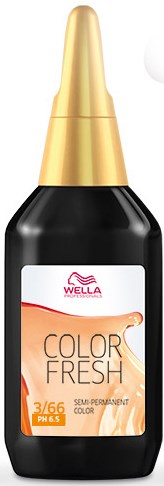 A black bottle with a gold top and a white label shows Wella Color Fresh semi-permanent hair dye.