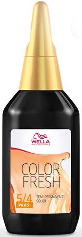 En flaske Wella Color Fresh semi-permanent hårfarve, sort med guldhoved. Den viser nuancerne 5/4 og PH 6.5.