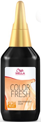 En svart flaska med guldkapsel, märkt WELLA Color Fresh semi-permanent hårfärg, nyans 6/34.
