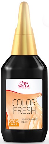 En svart flaska med guldkork, märkt Wella Color Fresh, semi-permanent hårfärg med pH 6,5.
