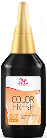 Een zwarte fles met een gouden druppelvormige knop, gelabeld Wella kleur haarverf, semi-permanent, pH 6,5, voor haarverkleuring.