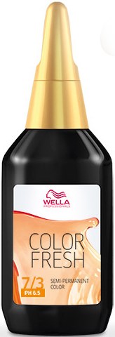 En Wella hårfärgningsflaska med svart kropp, guldlock och etikett som visar produktnamn och nyansnummer.