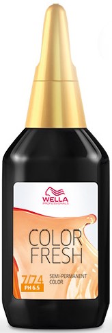 En svart flaska med guldlock, märkt Wella Color Fresh, semi-permanent hårfärg, pH 6.5, för hårfärgning.