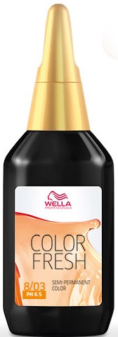 En svart flaska med guldlock och en etikett som visar varumärket Wella, produktnamn Color Fresh och färginformation.
