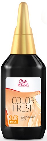 En flaska Wella Color Refresh hårfärg, guldlock, svart flaska, etikett med orange och vitt, semi-permanent.