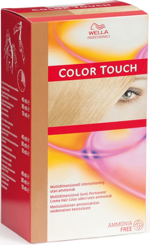 En låda hårfärgningsfärg kallad Color Touch av Wella, med ett kvinnligt öga. Rödhavsdesign.