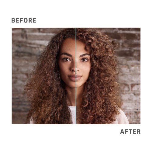 A woman with curly hair, split in half showing before and after hair transformation.