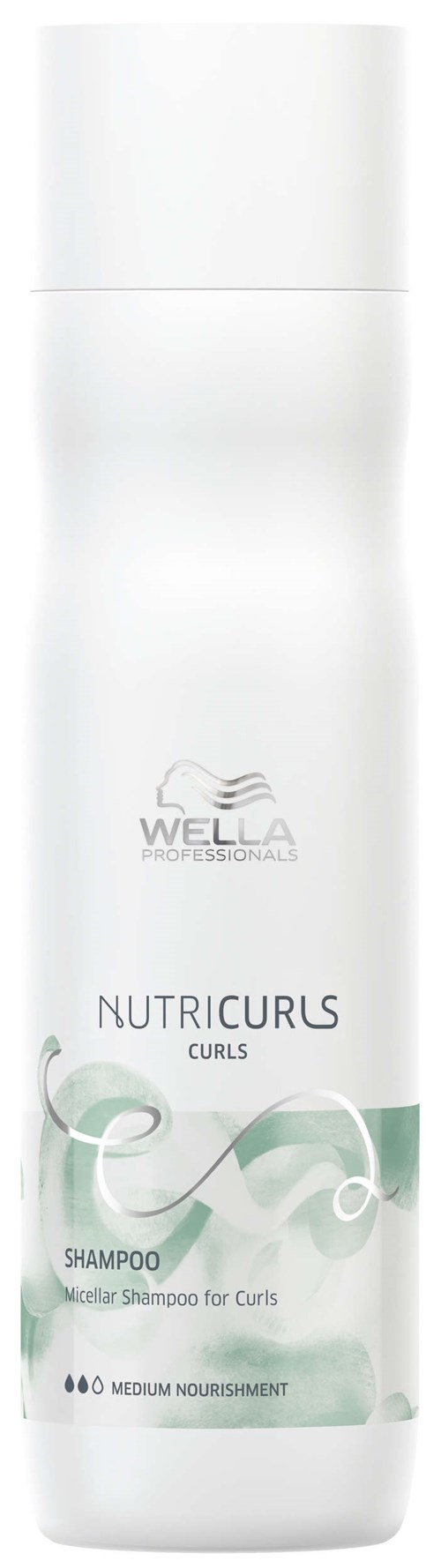 En hvit flaske Wella Professionals Nutricurls Curls sjampo for middels næring.