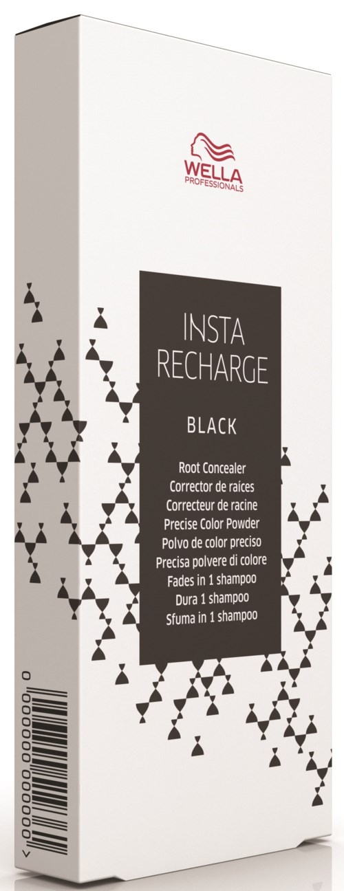 En box av Wella Insta Recharge Black rotkonstnär och färgpolver med svart och vitt design.