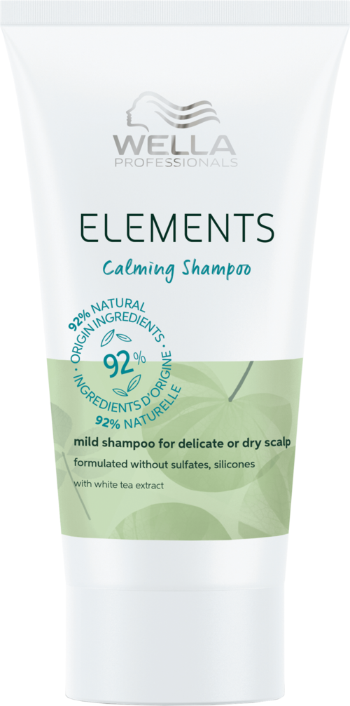 En hvit tube med Wella Professionals Elements Calming Shampoo med grønne detaljer, fremhever naturlige ingredienser, for følsom eller tørr hodebunn.