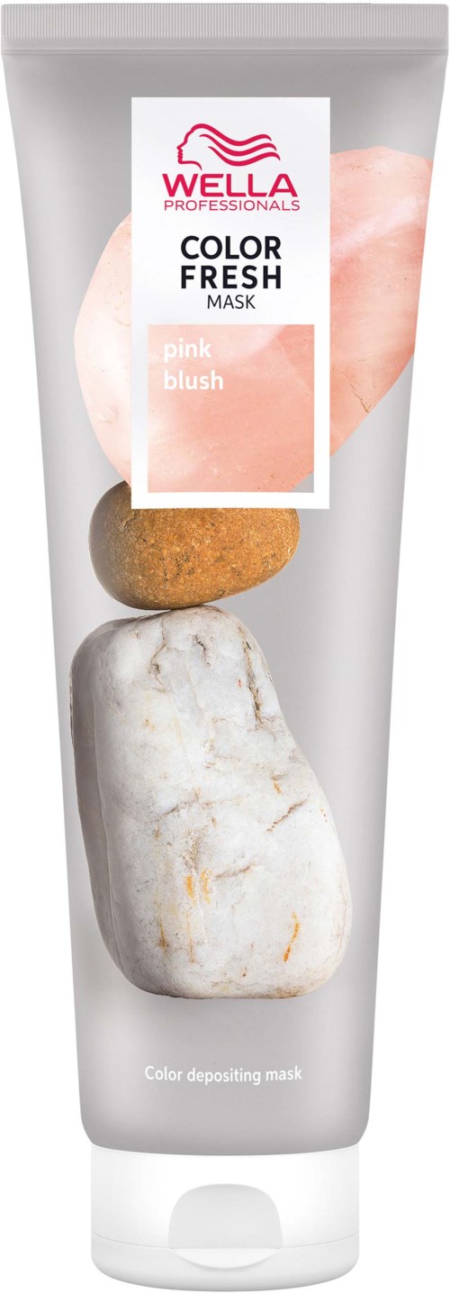 Een tube Wella Color Fresh Mask met roze blushlabel, met een steen en een kiezelontwerp.