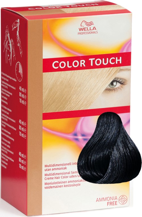 Eske med hårfarge merket 'Color Touch' med bilde av et øye og sort hår, med 'Ammoniakkfri' merket.