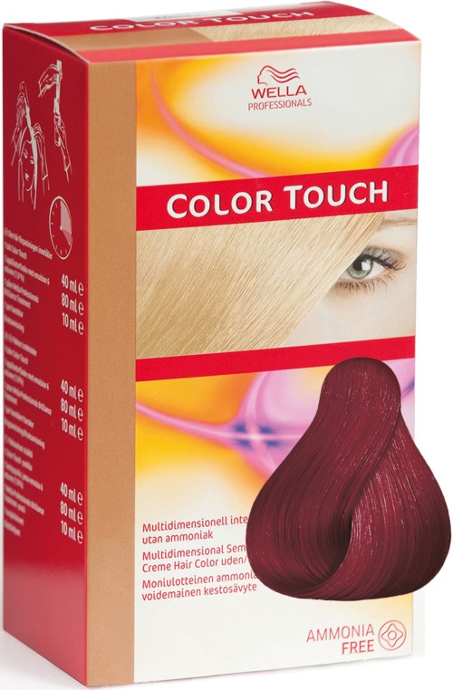Förpackning med hårfärgningskräm i mörkröd nyans, visar en kvinnas öga och hår, märkta 'Color Touch' och 'Ammonia Free.'