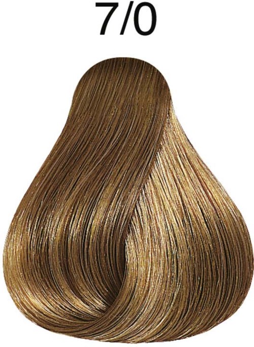 A hair color sample labeled 7/0, showing light, shiny, blonde hair.