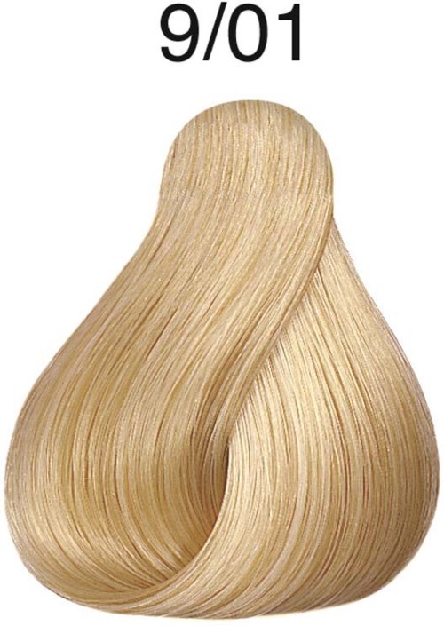 A large teardrop-shaped lock of blonde hair against a white background with '9/01' at the top.